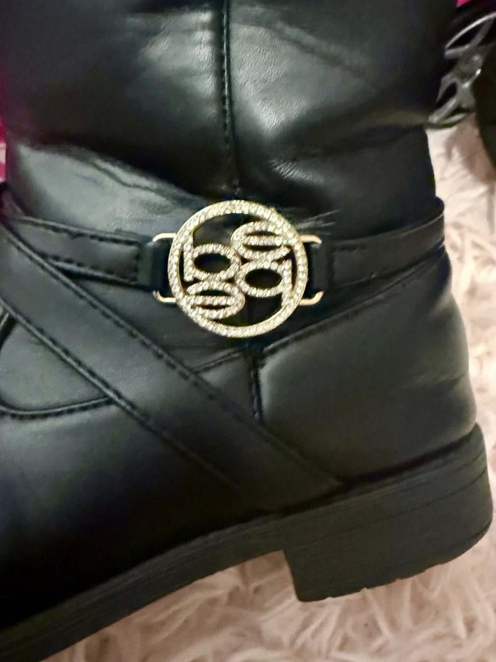 Girls Bebe Black Mid-Calf Boots with Rhinestone Buckle - Size 12 EUC